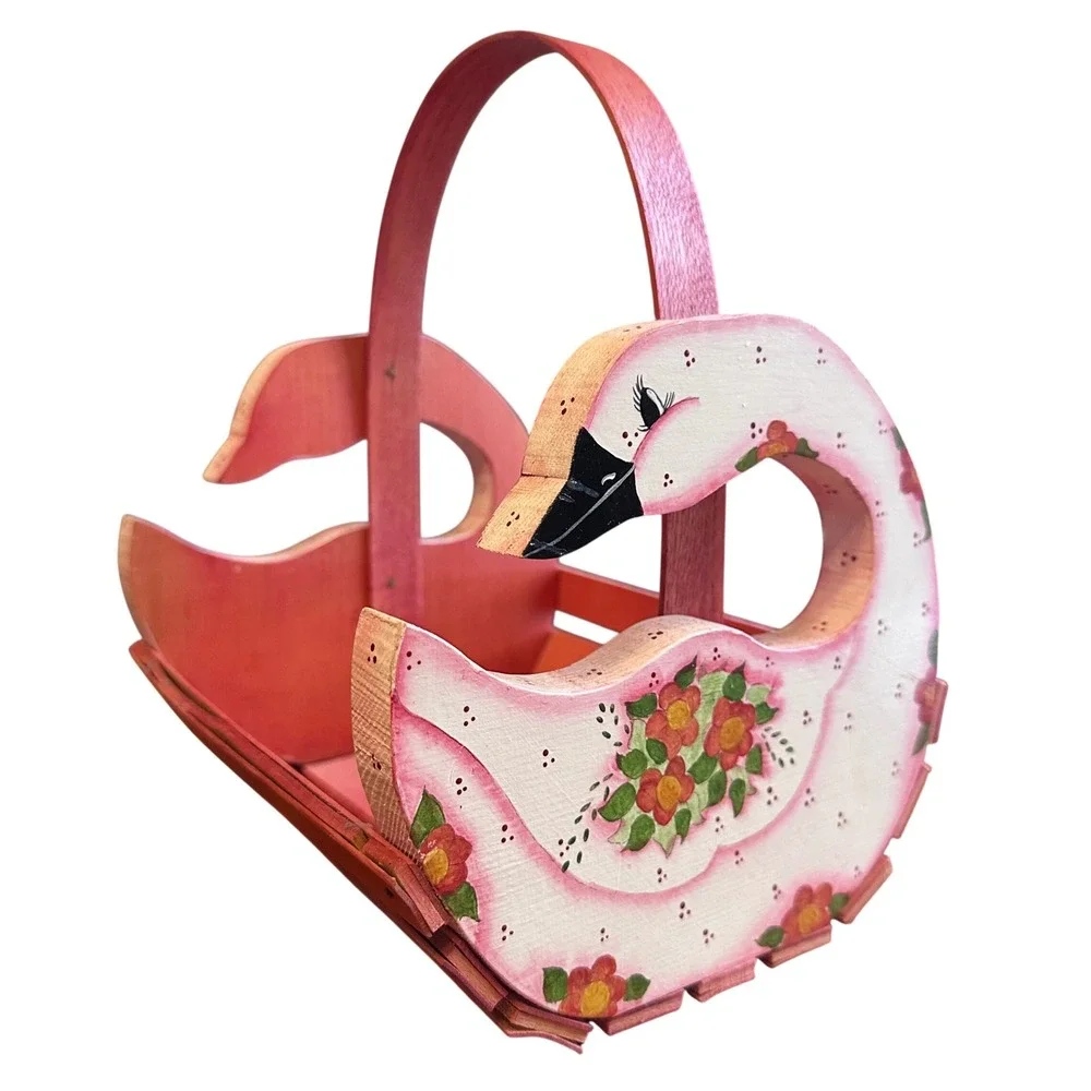 Wooden Swan Basket Hand Painted Folk Art Cottagecore Goose Geese